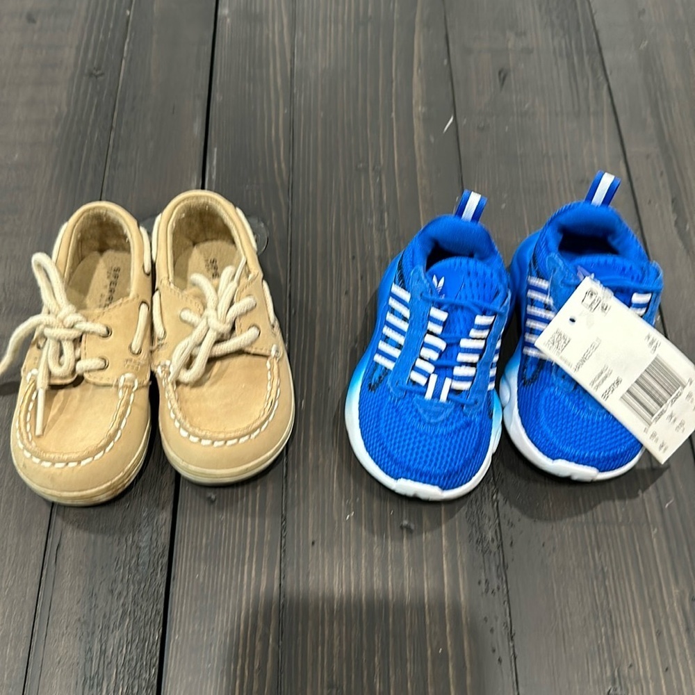 Toddler size 4 shoes. Sperry and Adidas. Adidas are nwt.selling separately.